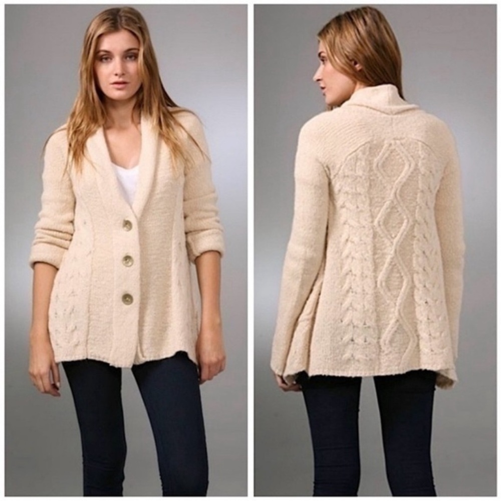 Free People Far Away Cable Knit Cardigan Sweater Boho Wool Blend Tan XS